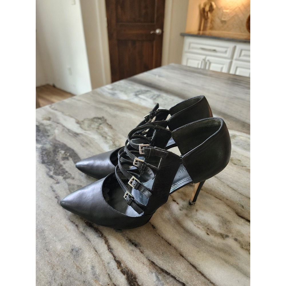 Michael‎ Kors Black Leather Cage Buckle Strappy Pointed Toe Pumps Heels Size 8M